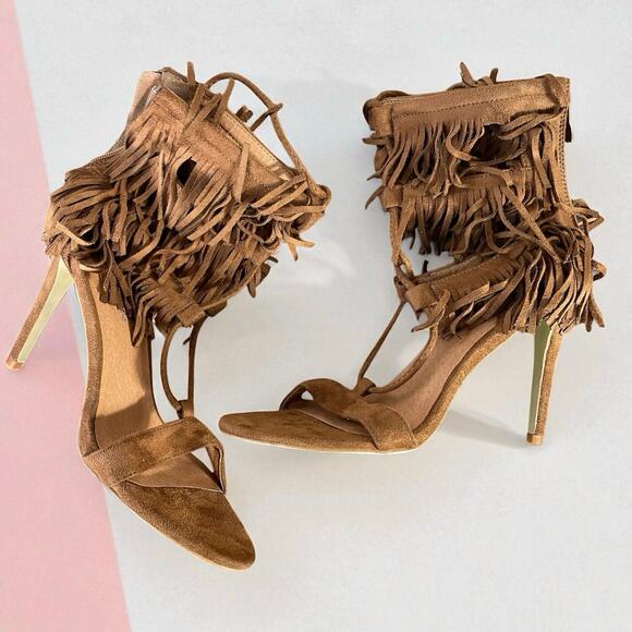 HerStyle Brown Suede Fringe‎ Stiletto Heels Sz 9 Lace Up Boho Festival Sandals - Picture 1 of 14